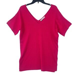 ZARA Ribbed Knit V-Neck Top Hot Pink Short Sleeve Longline Stretch Size M Ribbed